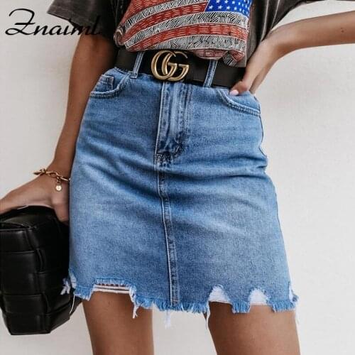 Znaiml Denim Skirt Women Summer Blue Solid Casual High Waist Ripped A Line High Street Pockets Button All-matched Jeans Skirt