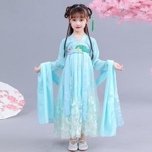 Girls Han Fu Princess Birthday Party Dance Perform Dress Embroidery Cheongsam Dress Traditional Kids Wedding Evening Dress