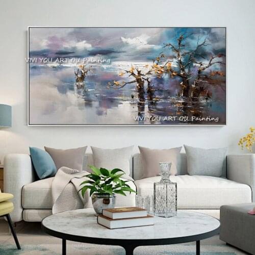 Colorful Ocean Tree Large Abstract Canvas Art Landscape Oil Painting Handmade Pictures Living Room Modern No Frame Decoration
