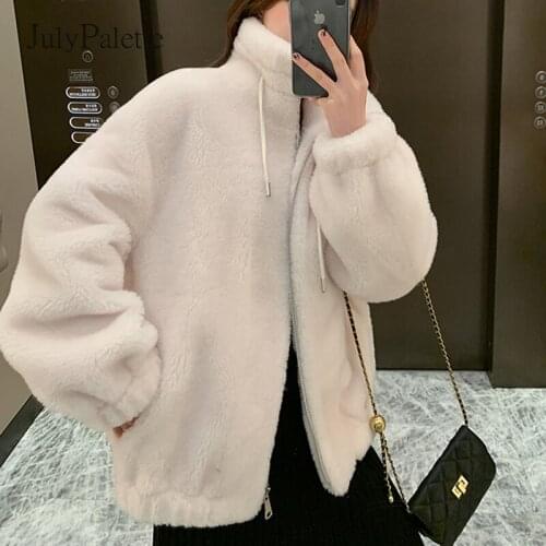 JulyPalette Solid Sheep Shearing Coat Women 2021 Winter Thicken Genuine Lamb Wool Jackets Casual Loose Ladies Warm Outerwear New