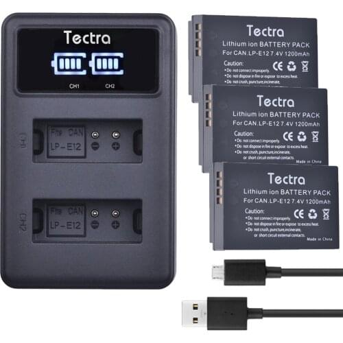 Tectra 3pc lpe12 Batteries for LP-E12 LP E12 LPE12 Battery+LED Dual Charger for Canon EOS M50 M100 100D Kiss X7 Rebel SL1 DSLR