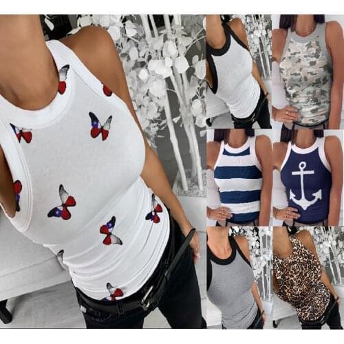 Women Tank Tops Vest butterfly printed sexy round neck bottoming Slim Tank Top Vest Summer Stripped Leopard Vest Tank Tops