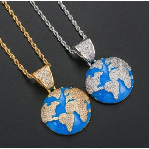 Fashion Personality Drop Oil Micro-Inlaid Zircon Blue Earth Hip-Hop Pendant Necklaces for Men Trend Jewelry