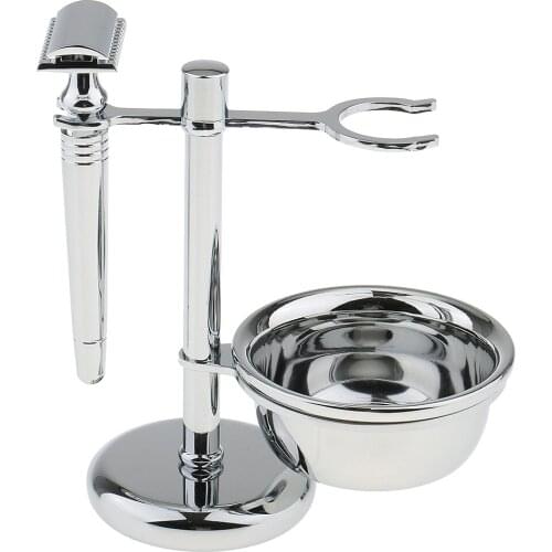 Men Stainless Shaving Kit Weighted Base Stand+Safety +Bowl+Badger Brush