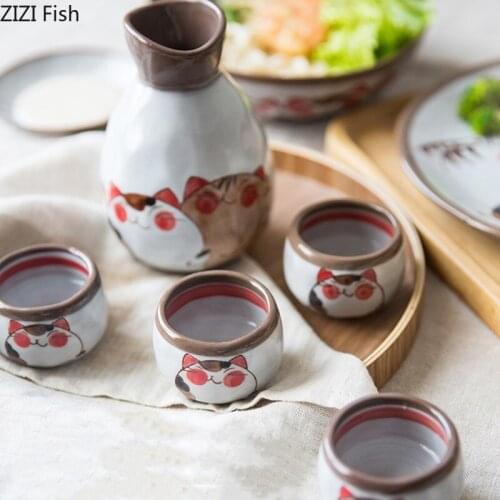 Retro Japanese Sake Set Cute Cat Pattern Ceramic Flagon Liquor Cup Home Bar Sake White Wine Pot Creative Drinkware Friends Gifts