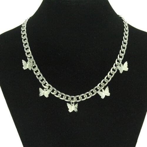 Fashion Butterfly Choker Pendant Necklace Silver Color with 7mm Cuba Chain Hip Hop Jewelry for Women and men