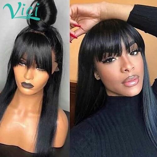 Straight Lace Front Wig 150 Density Human Wig With Bangs Preplucked Brazilian Remy Hair Wigs For Black Women Natural Black Color