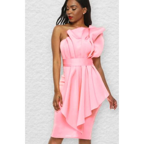 Pink Tube Top Dress Ruffles Sexy Bodycon Birthday Party Bare Shoulder Backless Stylish with Waist Belt Event Dinner Night Robes