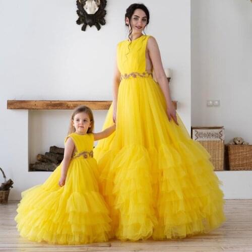 Lovely Girls A-Line Mommy & Me Tulle Dress Tiered Women Kids Tulle Skirt Dresses Long Maxi Wear Mother & Daughter Custom Made
