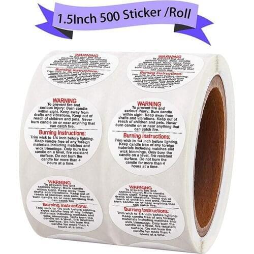 Custom 500pcs Candle Warning Labels 1.5 Inch Candle Jar Container Stickers Waterproof Safety Labels Sticker Decalfor Candle Jar