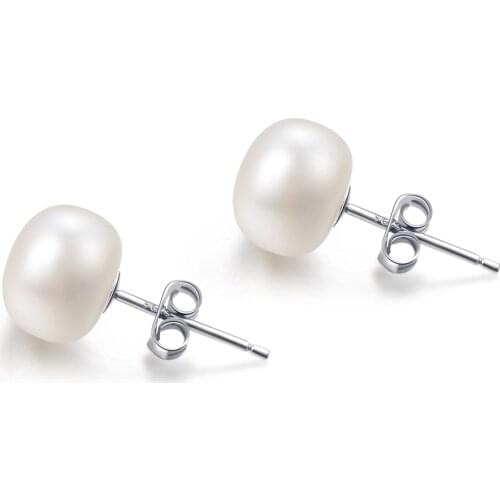 7.5-8mm 925 Sterling Silver Simple Button Freshwater Cultured Pearl Stud Earrings Real Fresh Water Flat Beauty Pearl Earrings