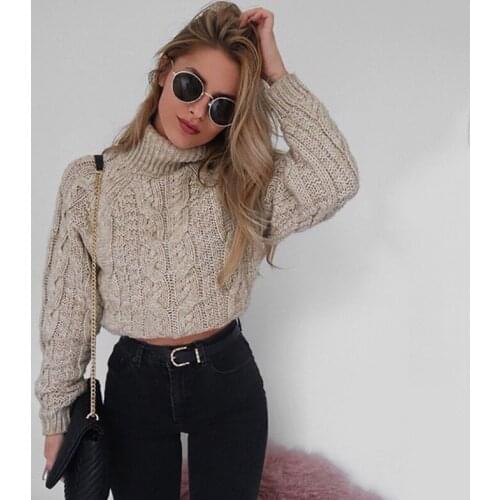 Autumn Winter Women Twist Open Navel Sweater Solid Color Turtleneck Long Sleeve Sweater Jumper Top Cotton Blended Sweater