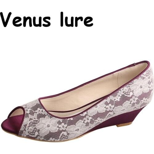 Mother of the Bride Wedge Shoes Peep Toe Purple Satin and Lace Pumps Size 5