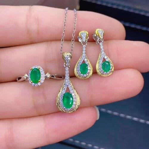 Vintage Charm Natural Real Emerald Set 925 Sterling Silver 1pc Emerald Ring,2pcs Emerald Earring,1pc Emerald Pendant