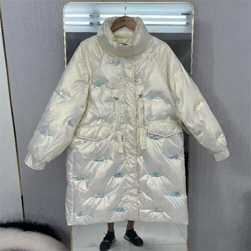 Mid-length Womens Shiny Puffer Jacket Fashion Sequin Stand Collar Long Sleeve White Duck Down Outwear Casual Winter Warm Parkas