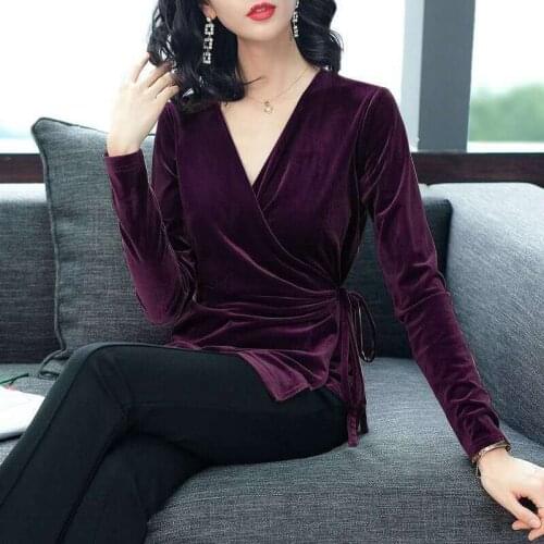 Korean Woman Clothes Fall Winter Womens Slim Sash V Neck Black Purple Velour T Shirts Tops , Casual Women 4xl 5xl Velvet Shirt