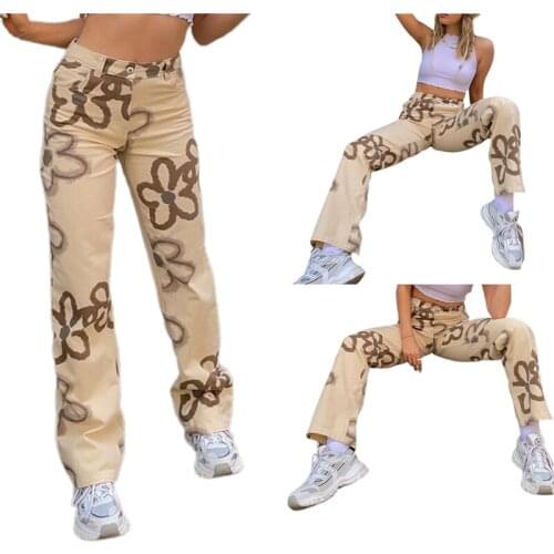Women Straight Leg Jeans High Waist Floral Print Loose Denim Pants with Pockets