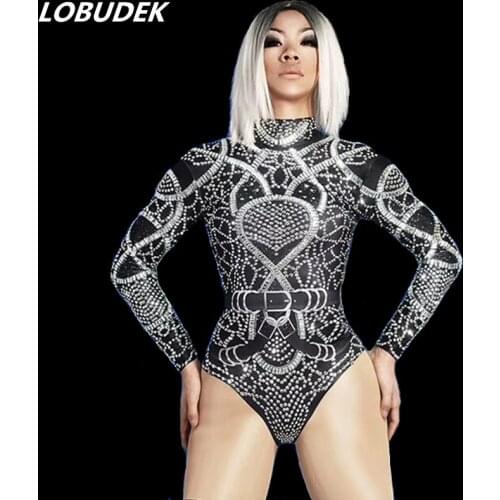 Nightclub Women Crystals Elastic Leotard Silver Black Rhinestones Long Sleeve Bodysuit Bar DJ Singer Jazz Dance Team DS Costume