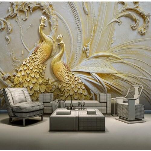 European Style 3D Relief Gold Peacock Mural Wallpaper Living Room TV Hotel Background Wall Home Decor Wall Papers For Walls 3 D