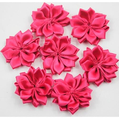 50Pcs/Lot *4.5cm Handmade Ribbon Flower Polyester Satin Fushia Flowers Plum Rose Red Hair Clip Bow Headband Accessories Material