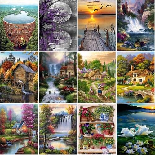 DIY 5D Diamond Painting House Sunset Diamond Embroidery Full Round Drill Landscape Waterfall Cross Stitch Art Home Decor Gift