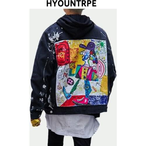 Irregular Graffiti Ripped Denim Jackets Mens Hip Hop Patchwork Cartoon Outerwear New Fashion Casual Streetwear Jeans Jackets