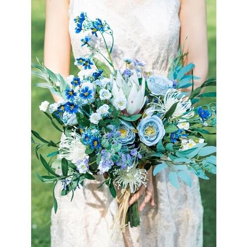 HIMSTORY Vintage European Blue Bridal Artificial Flowers Bouquet Silk Wild Floral Bride Hand Holding Accessories