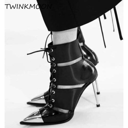 Ankle Boots For Women Leather Buckle Punk Metal High Heels Shoes Point Toe Lace Up Summer Boots Women zapatos de mujer
