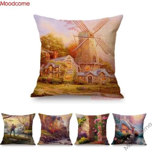 Thomas Moran Rural Forest Floral Dreamy Village Town Scene Windmill Lighthouse Sofa Decoration Pillow Case Scenery Cushion Cover