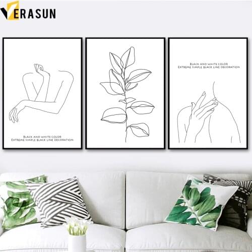 Black White Line Drawing Leaves Figure Nordic Posters And Prints Wall Art Canvas Painting Wall Pictures For Living Room Decor