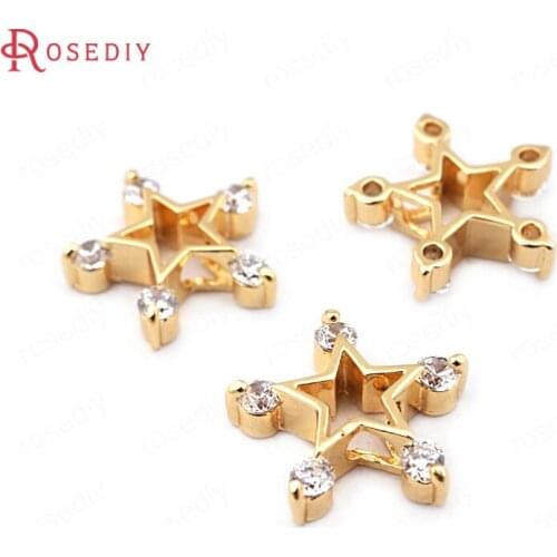 F372)6 pieces 13*13mm 24K Gold Color Brass with Zircon Star Charms Pendants High Quality Diy Jewelry Findings Accessories