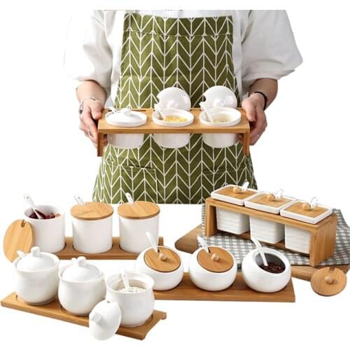 Ceramic Condiment Storage Jar Kitchen Seasoning Tank Household Seasoning Pot Bamboo Tray Spice Jar Soy Sauce Box Salt Sugar Can