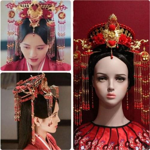 Ju Jingyi Same Design Red Bride Wedding Hair Tiara for TV Play The Legend of White Snake Long Tassel TV Play Cosplay Hair Crown