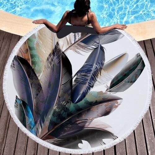 XC USHIO Fashion Feather Round Beach Towel With Tassel 450g Microfiber 150cm Swimming Bath Towel Tapestry Yoga Blanket Carpet