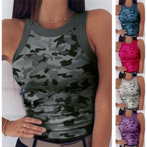 Summer Women Camouflage Tank Tops O-Neck Slim Fit Casual Vest Sexy Tight Elastic Fitness Running Sports Vests