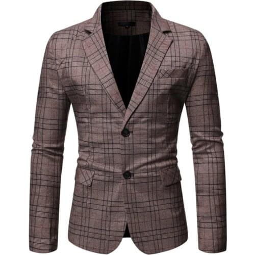 Men Check Blazers Formal Casual Business Work Office Suit Jacket Plaid Fashion Party Prom Daily Life Single Breasted Gray Coffee