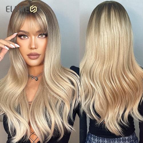 Element Long Synthetic Wig with Bangs Mixed Brown Color Heat Resistant Fiber Natural Wave Average Cap Wigs for Women