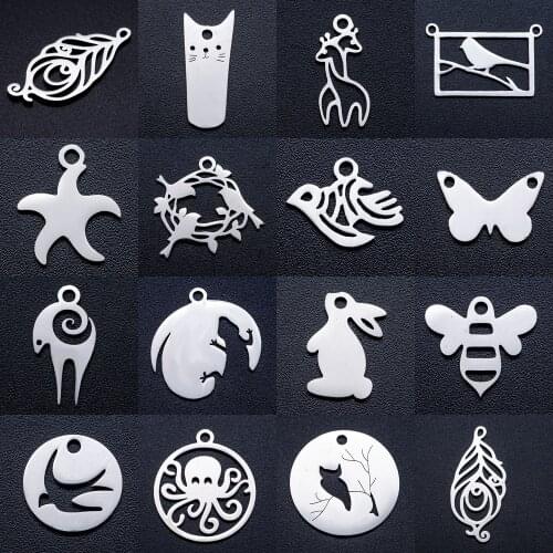 10pcs/lot Animal Fox Swallow DIY Charms Wholesale 100% Stainless Steel Peacock Feather Rabbit Pendant Bee Ram Owl on Tree Charm
