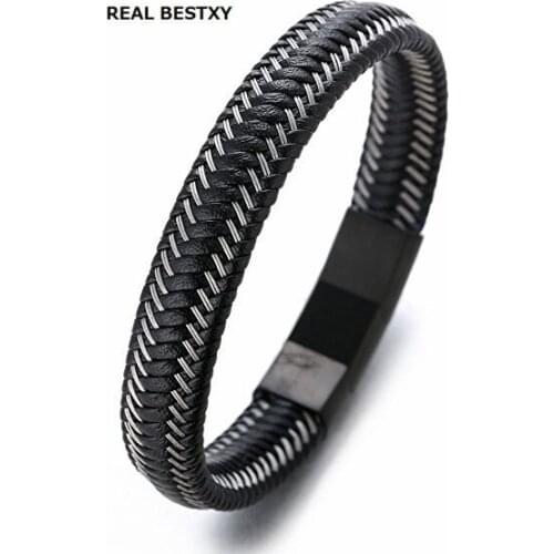 REAL BESTXY 2018 Fashion 100% Bangle Braided Leather Bracelets Stainless Steel Snap Clasp Male Bracelet Bangles For Mens Women