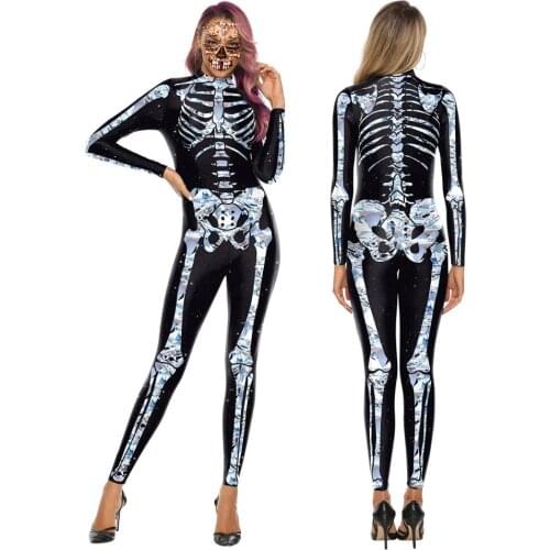 Crystal Skeleton Costumes Scary Halloween Costume For Women Cosplay Bodysuits Elastic Catsuit Rave Clothes Festival Wear VDB1017