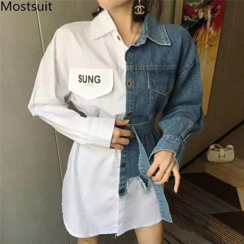 Color-blocked Denim Belted Women Shirt Turn-down Collar Single-breasted Sashes Tops Casual Fashion Asymmetrical Shirts 2021
