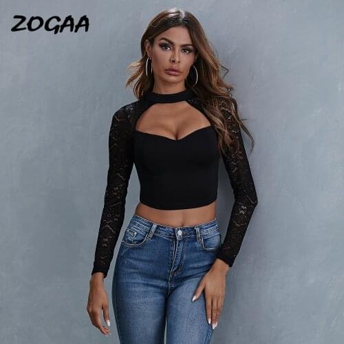 ZOGAA T-shirts Women New Autumn Winter Sexy Lace Low-cut Long-sleeved Top Tees Hollow Out Streetwear Chic Hot Sale Female Slim