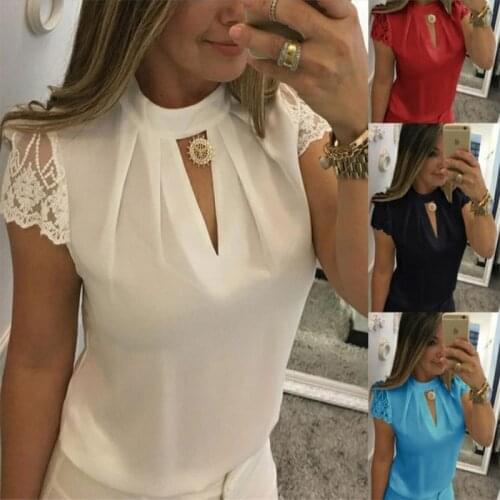 Women Casual Chiffon Short Sleeve Blouse V Neck Splice Lace Tops Back Zipper Shirt Plus Size