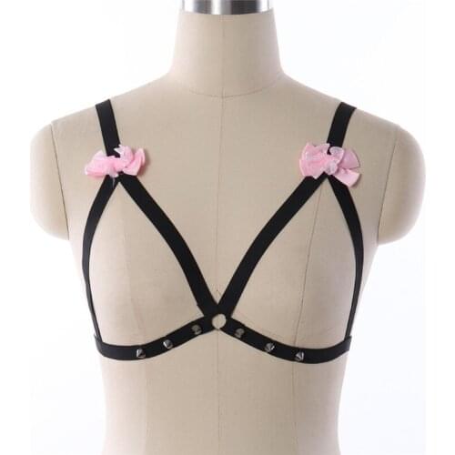Goth Harness Burlesque Frame Cage Bralette Black Elastic Bow Tie Body Harness Sexy Gothic Ribbon Bow Bust Cage Bondage Lingerie