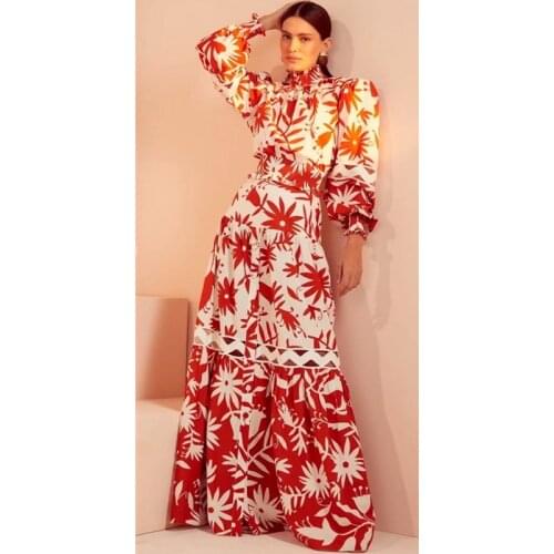 Floral Printed Women Long Skirt Splicing Lace Hollow Out Female Elegant Two Pieces Sets Stand Collor Puff Sleeve Lady Tops