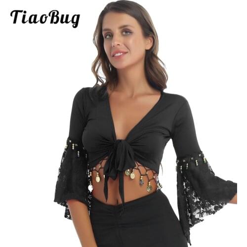 TiaoBug Women Lace Patchwork Three Quarter Flare Sleeve Bead Tassel Lace-Up Shawl Crop Tops Cardigan Indian Belly Dance Costume