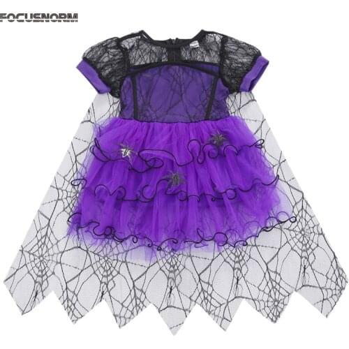 FOCUSNORM 1-5Y Halloween Girls Party Dress Short Sleeve Spider Pattern Lace Tutu Knee Length Mesh Dress