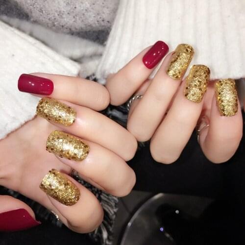 Shiny Red Fake Nails 24Pcs Golden Glitter Sequins False Nail Square Full Designed Nails with Glue Sticker for Ladies Z446