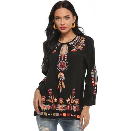 Le Luz Black Boho Embroidery Blouses Shirt Plus Size Cotton Boho Mexican Shirt Long Sleeve Hollow Out 3xl Ethnic Chic Shirt 2021