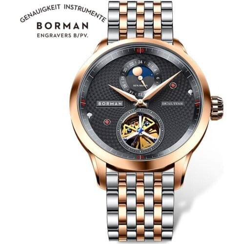 BORMAN Moon Phase Automatic Mens Watches 316LStainless Steel Strap Sapphire Glass Waterproof 50M Mechanical Relogio Masculino